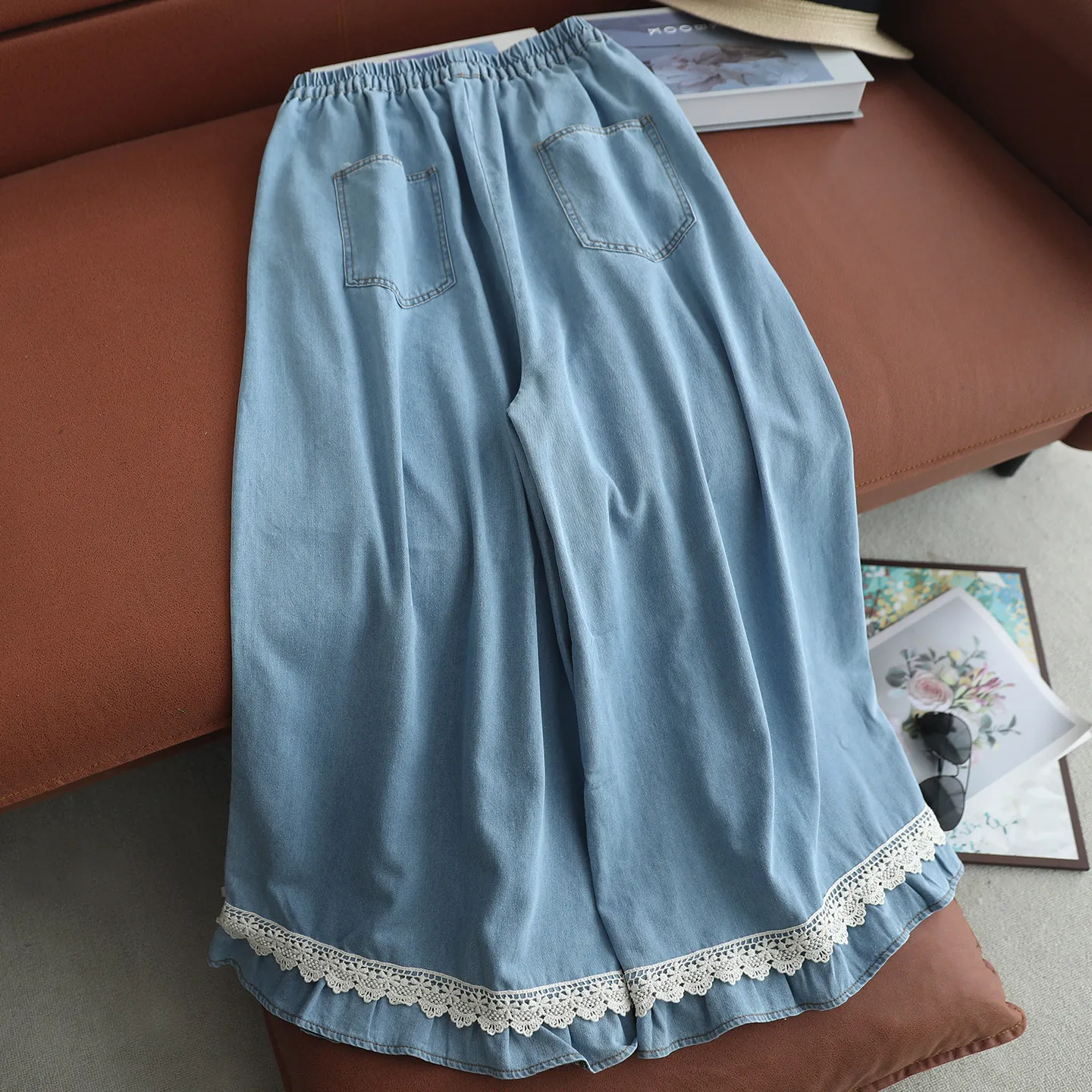 Japanese Mori Girl Vintage Lace Cartoon Embroidery Denim Wide Leg Pants Women Spring Elastic Waist Casual Loose Straight Jeans