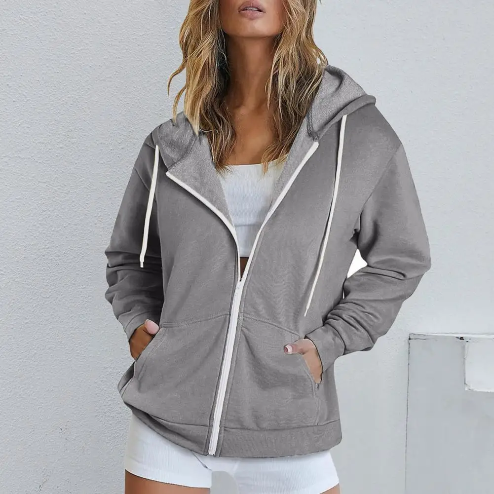 Athleisure Style Coat Zip Hooded Coat Women's Hooded Sport Jacket with Drawstring Zip-up Pockets Elastic Cuff Hem for Autumn