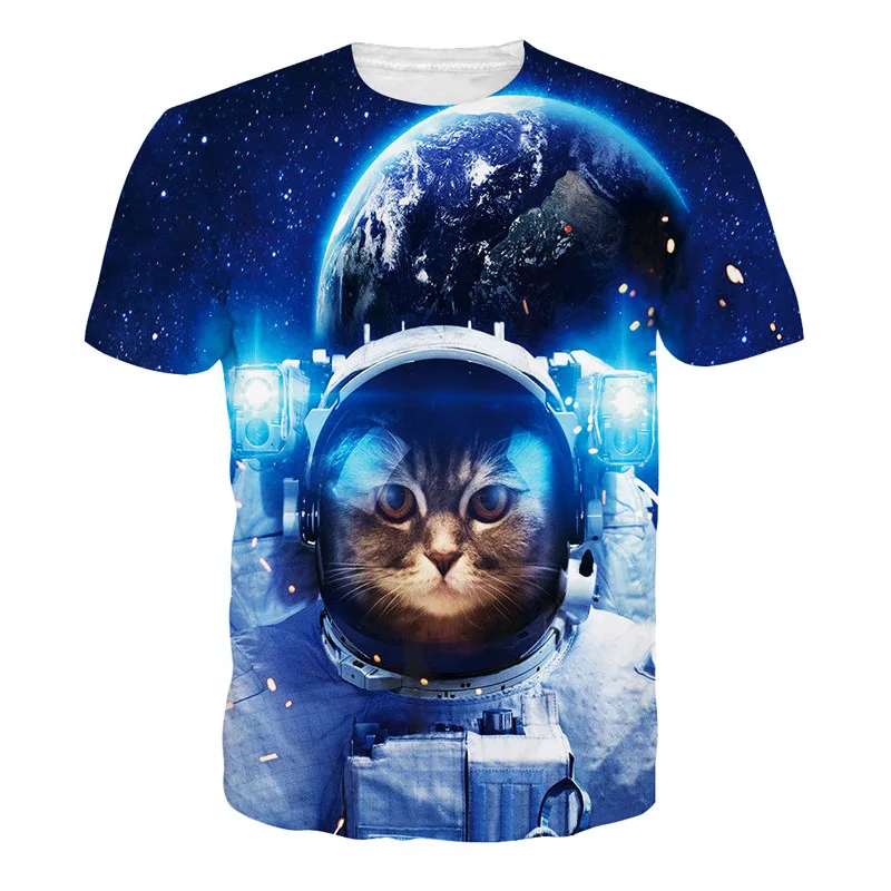 Camiseta con estampado 3D de gatos y galaxia para hombre y mujer, camisa de manga corta con estampado de gato, informal, cuello redondo