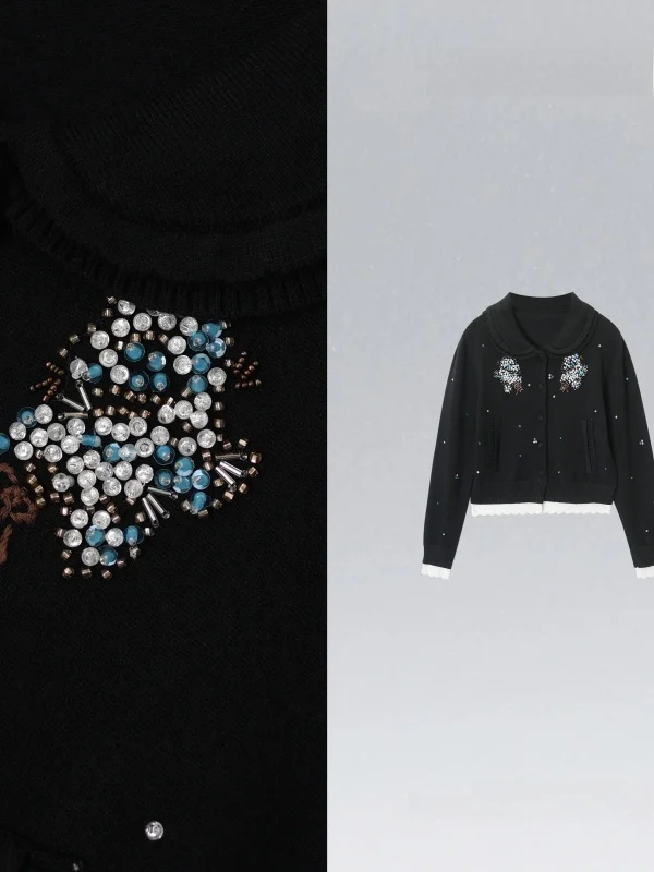 

Ele Agel Lazy Rhinestone Doll Collar Knitted Button Open Cardigan Polyester Fiber Women's Spring Faion Casual Sweater