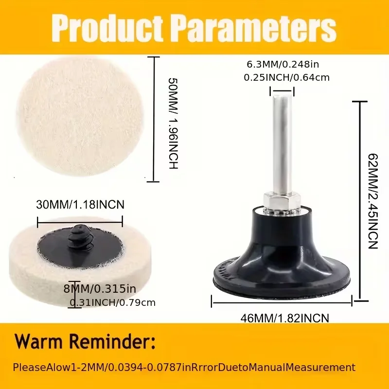 2-inch compressed wool fabric disc polishing pad wheel with 1 2-inch disc pad holder, with 1/4-inch handle
