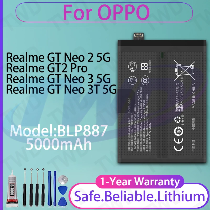 

BLP887 5000mAh Large capacity Battery For OPPO Realme GT Neo 2 5G/Realme GT2 Pro Batteries New High Quanlity