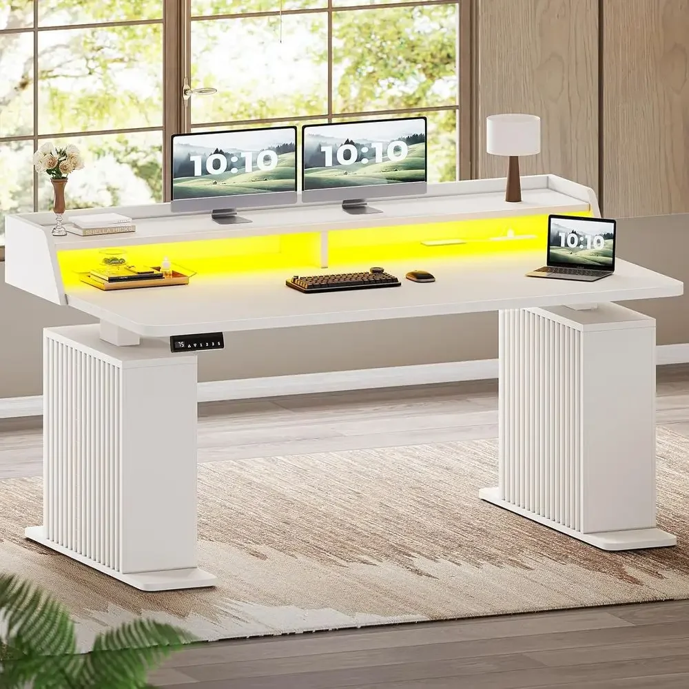 55 Adjustable Standing Desk with Storage, Power Outlets & LED Lights, White
