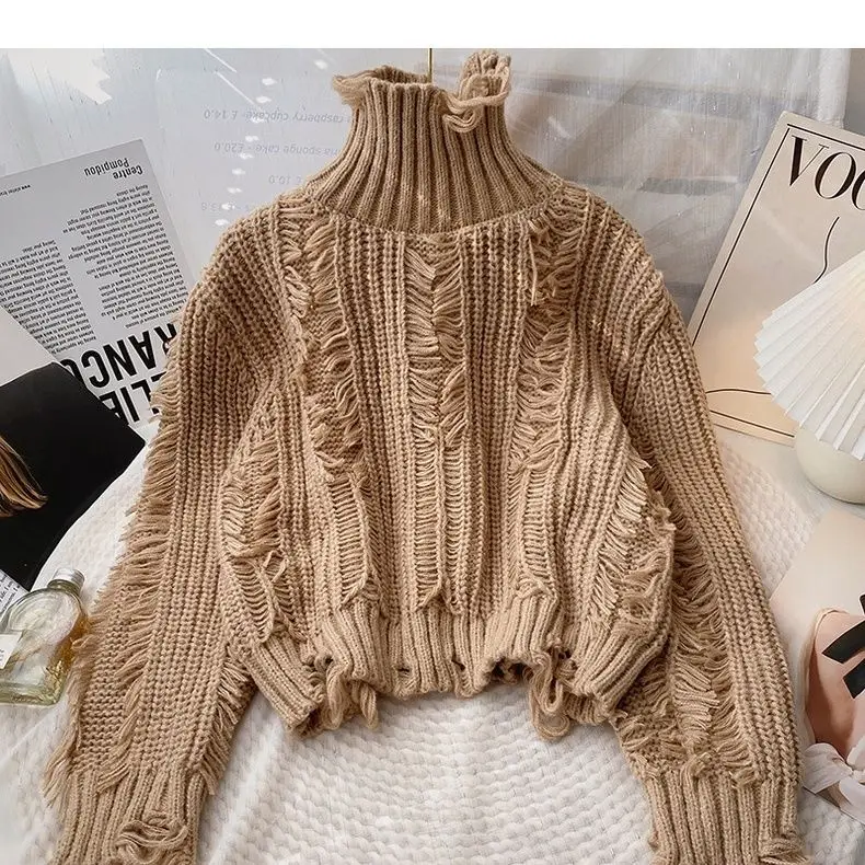 High Collar Pullovers Women Summer Woman Sweaters Long Sleeve Hollow Out Short Fashion Sweaters Tricot Knitted