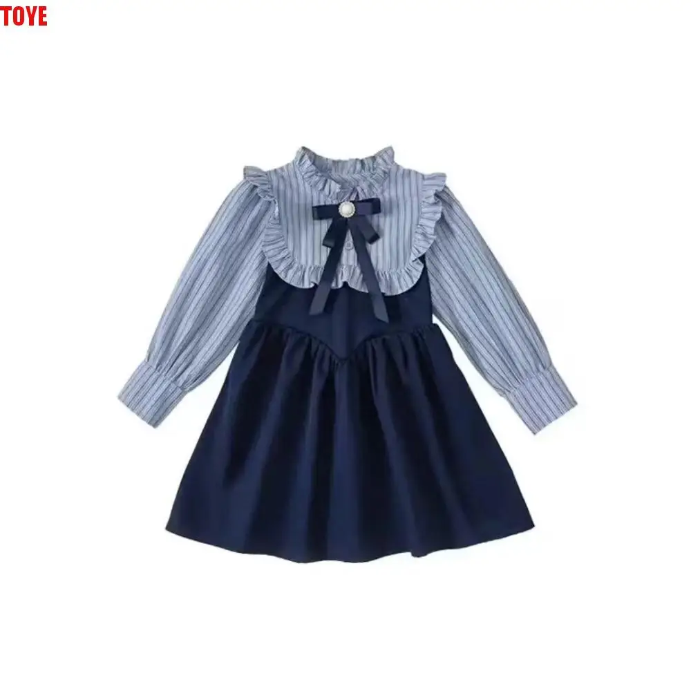 

Sweet Bowknot Girls' College Style Dress Pleated Loose Girls Long Dress Ballet Style A-line Stripe Princes Dress Holiday