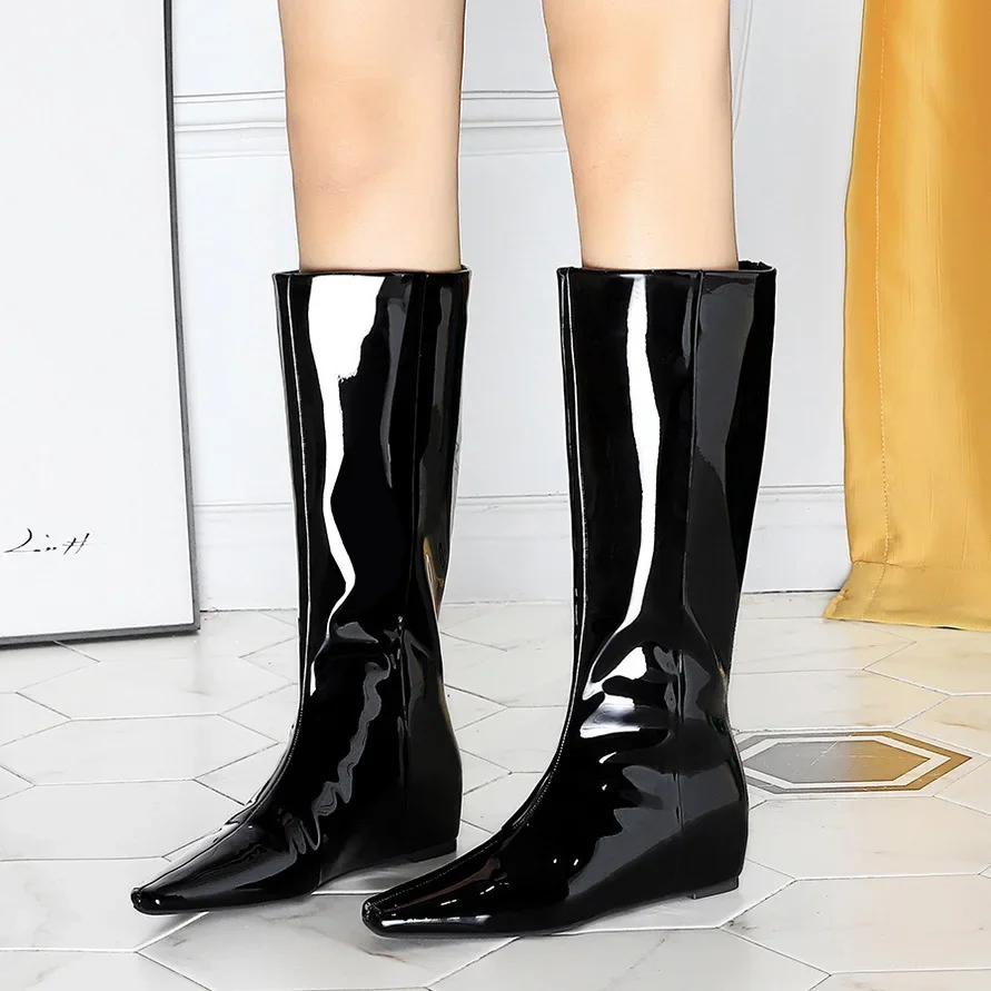 BIGTREE New Black Wedge Heels Women Modern Boots Female Shoes 2025 Fashion Luxury Pointed Toe Ladies Long Knee Western Boots