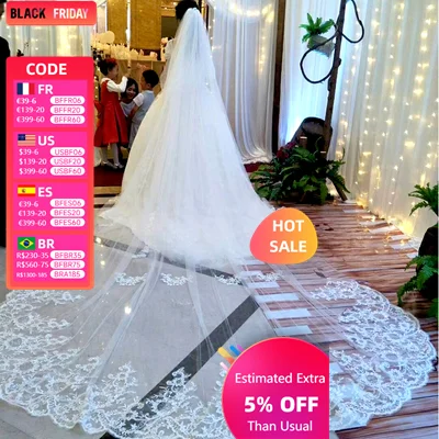 Two Layers Luxury Bridal Veil 4M Long  Wedding Veils With Comb Sparkling Lace Applique Elegant Cathedral  Wedding Accessories