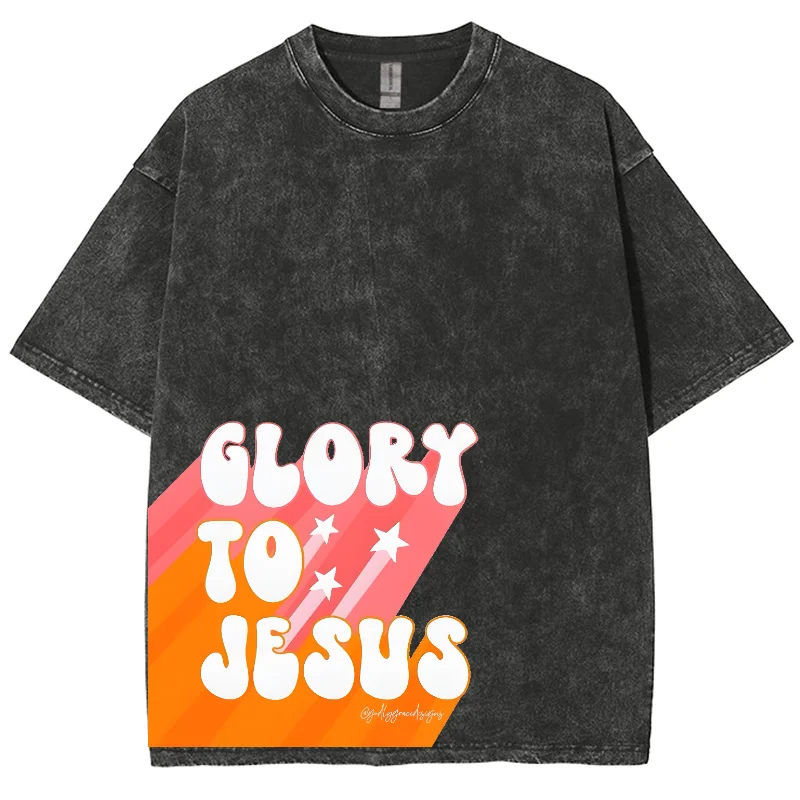 Glory To Jesus Y2K Washed Short Sleeves T-Shirt, Creative Printed Unisex Vintage Streetwear New Fashion Plus-Size Casual Tops