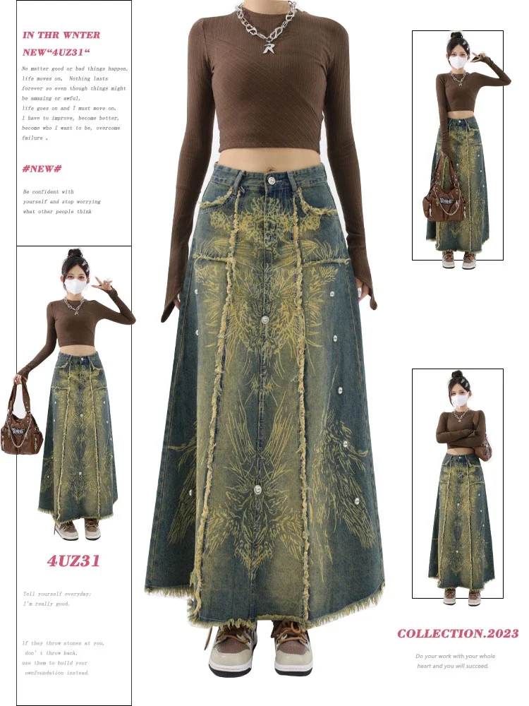 

Women Denim Skirt Y2k Emo 2000s Clothes Long Skirt Harajuku Korean 90s Fashion Vintage Gradient A-line Jean Skirt Grunge Clothes