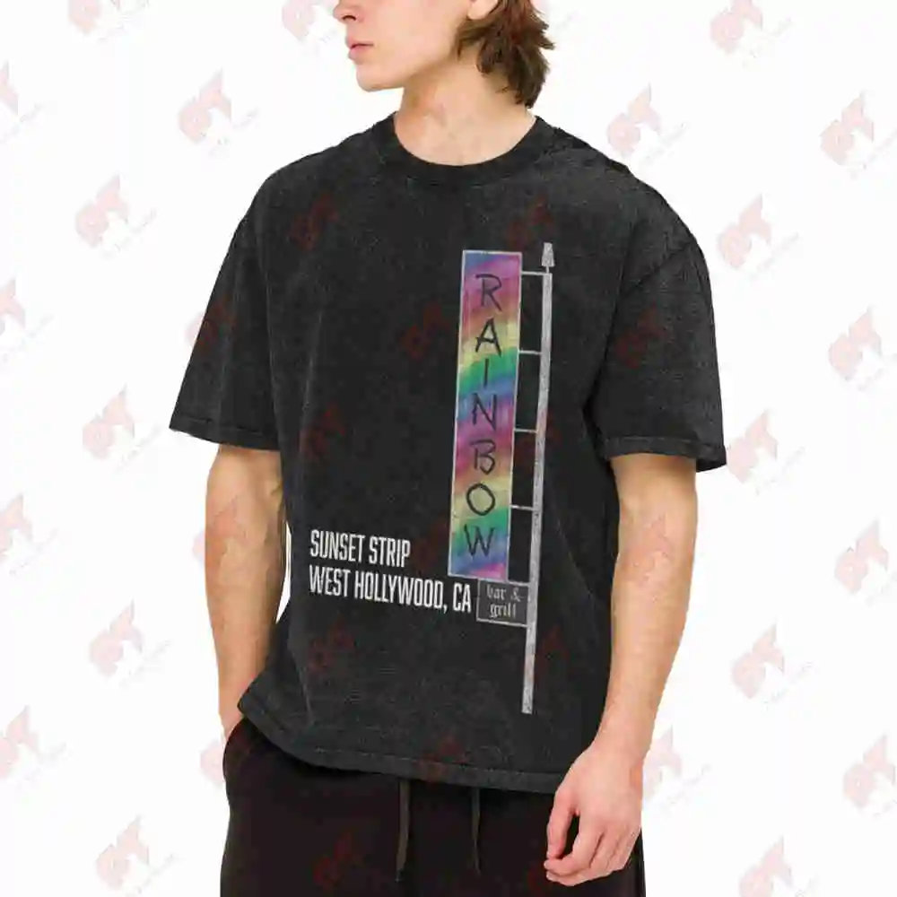 70S Retro Rock Rainbow Bar Sunset Strip Vintage Washed Tee Pure Cotton T-Shirt