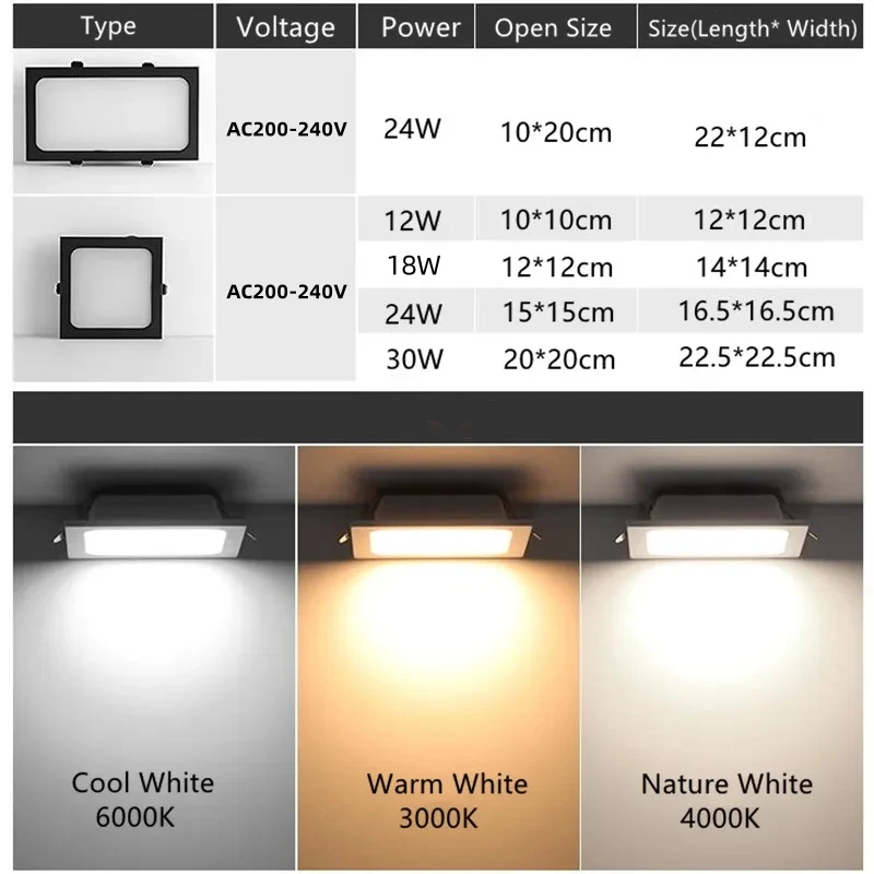 AC220-240V Factory Price Grille Downlight Bold 12W 18W 24W Grid Light Led Ceiling Light Recessed Rectangular Light For Aisle