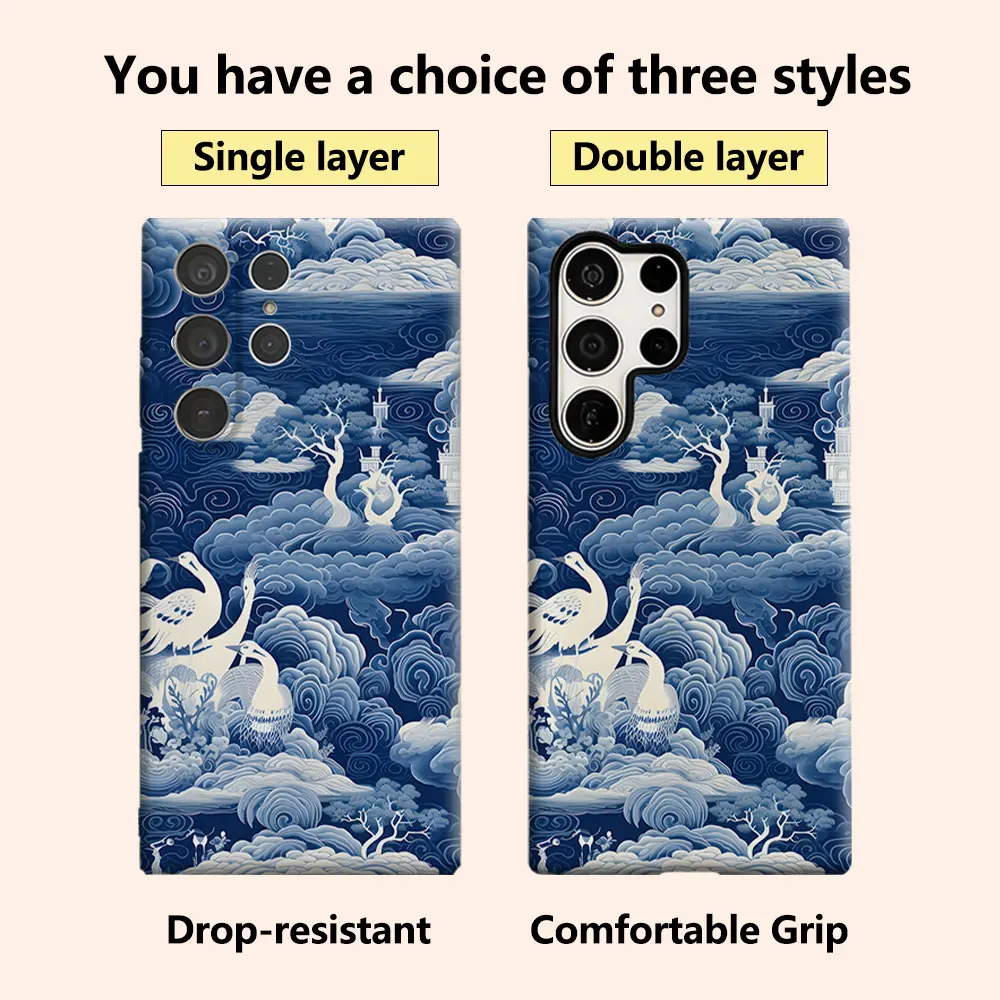 Blue Crane Cloud Mural Luxury Fashion Full Lens Protective Case for Samsung Galaxy S26 S25 S24 A56 A36 Plus Ultra