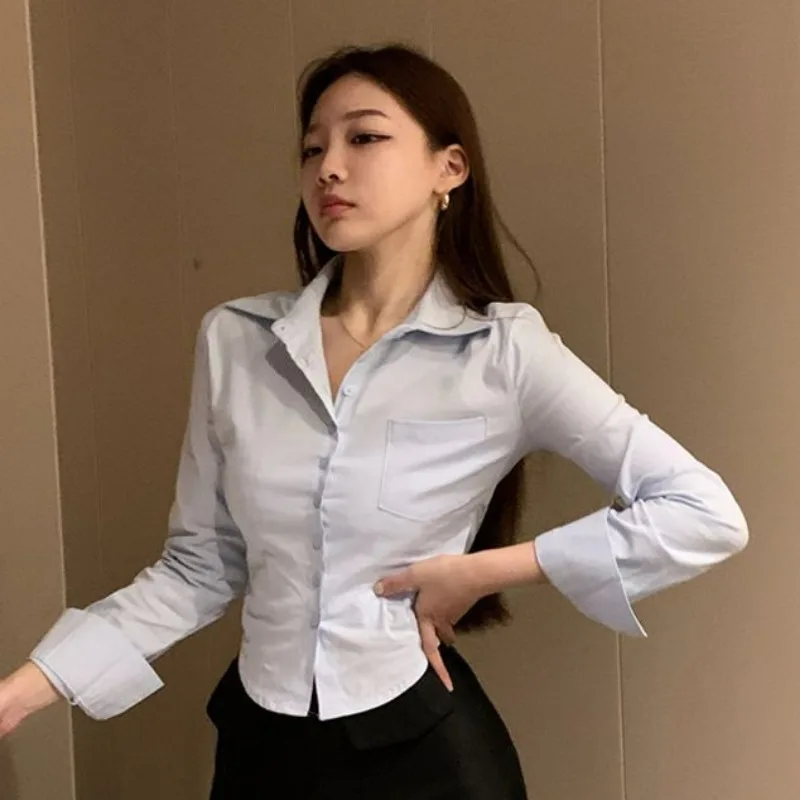 Slim Long Sleeve Shirts Women Solid Short Defined Waist Sexy Hot All-match Spring Autumn Tops Turn-down Collar Female Chic Mujer