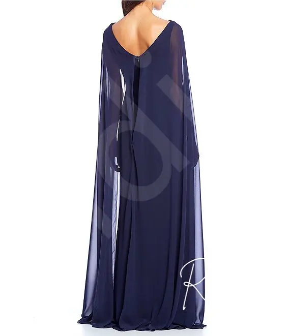 Customized Elegant Navy Blue Long Mother of the Bride Dress Ruched Bodice Bateau Flowing Cape Draped Wedding Event Guest Gowns