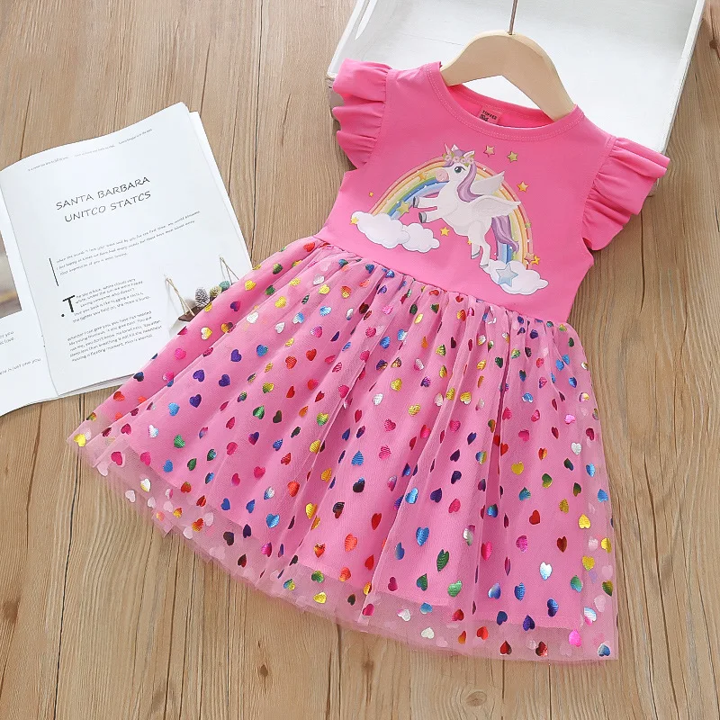 2024 Summer 2-6 Years Girls Dress Cotton Cartoon Unicorn Mesh Party Princess Dresses For Accessories Girls Birthday Clothes