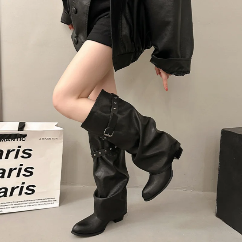 Women Slouchy Stacked Knee High Boots Vintage Rivet Metal Buckle Strap Low Block Heel Cowboy Boots Retro Street  FashionFootwear