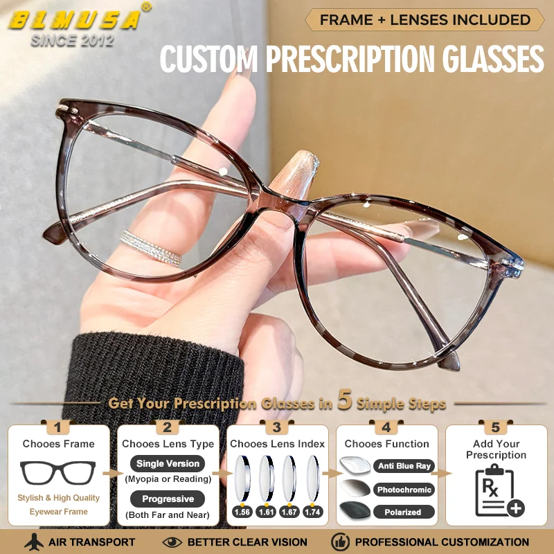 Lunettes de vue progressives anti-lumière bleue à monture ovale de la marque BLMUSA, de luxe, de haute qualité, avec verres photochromiques personnalisés pour myopie.