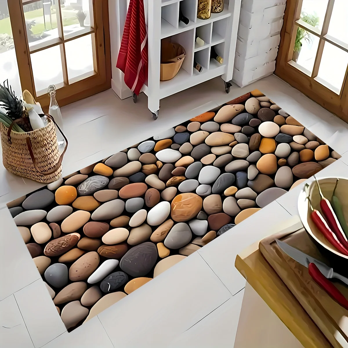 Natural Pebble Stone Print Kitchen Long Mat, Non-Slip Washable Durable Runner Rug for Kitchen, Bathroom, Laundry Room Decor