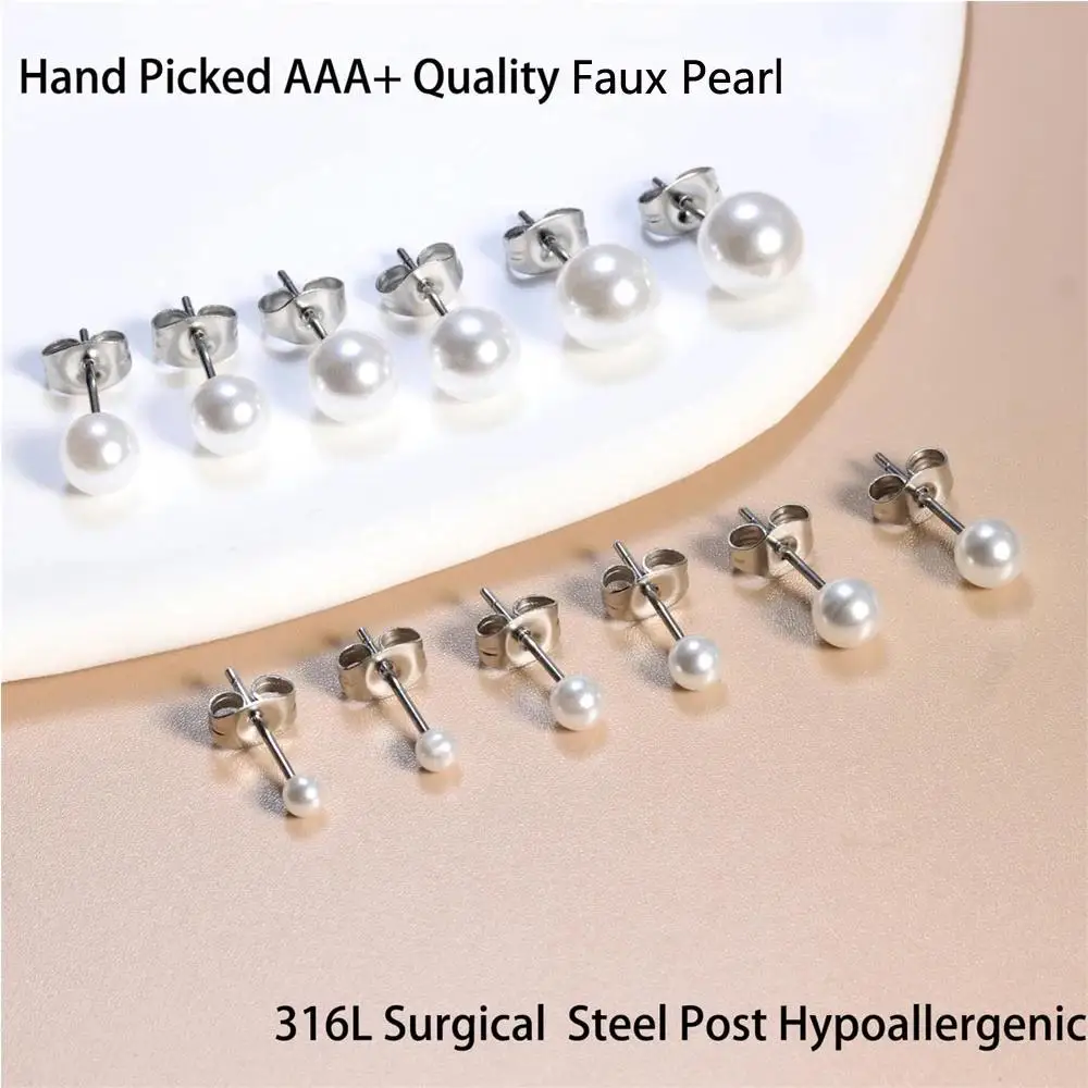 6 Pairs Elegant Hypoallergenic Stainless Steel Tiny Small and Big Ball Faux Pearl Stud Earrings Set for Women Girls 3-8MM