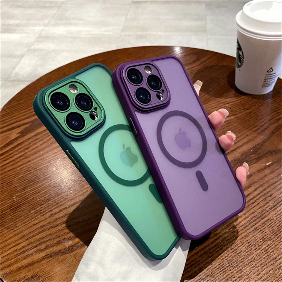 Funda con protección de lente para iPhone 11 12 13 Proa Mx mini 15 16 Plus iPhone 16 15 14, mate translúcida, carga inalámbrica Magsafe 3