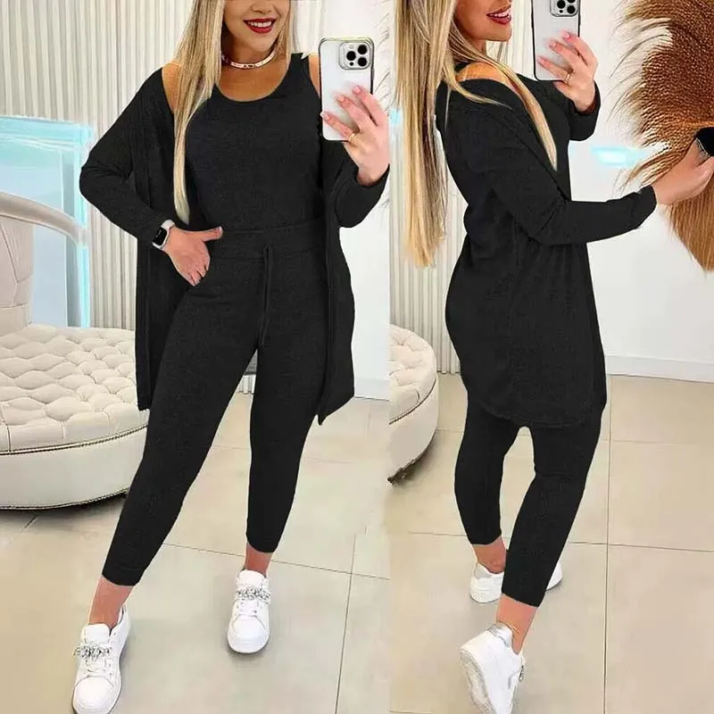 Women\'s Three-piece Pant Set Causal Nightgowns High Stretch Comfortable Jacket + Vest Top + Pants Suit 2024 Autumn Winter Home