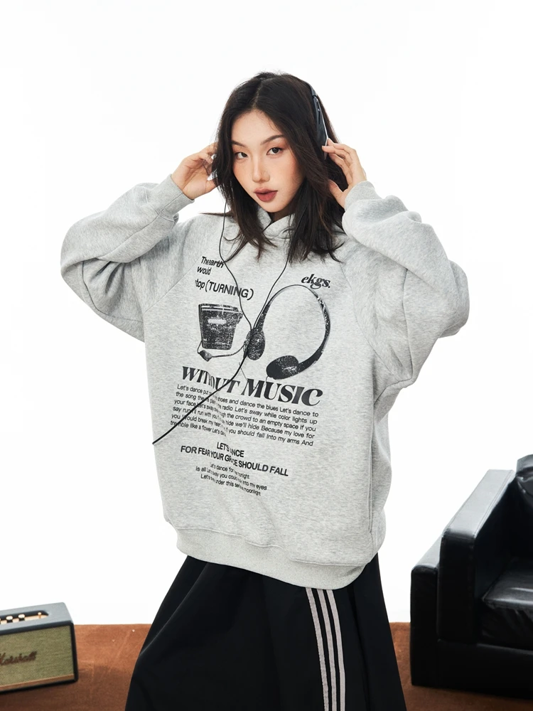 Pullover Hooded Sweater Adult Style SolidColor American Retro Headphones Printed Gray Warm Autumn Winter Loose Casual Couple Top