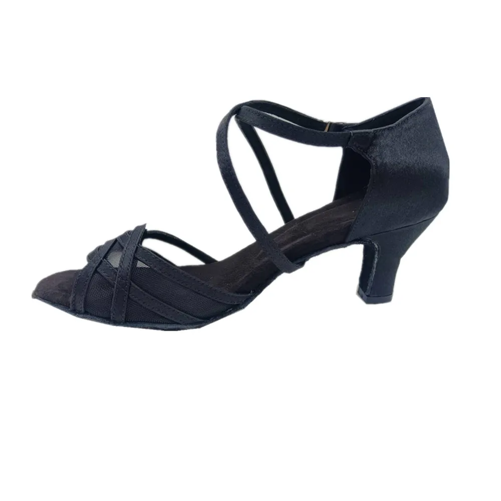 Evkoodance 8,3 cm altura del tacón cómodo satén negro con malla Zapatos De Baile Zapatos latinos para mujer Evkoo-526