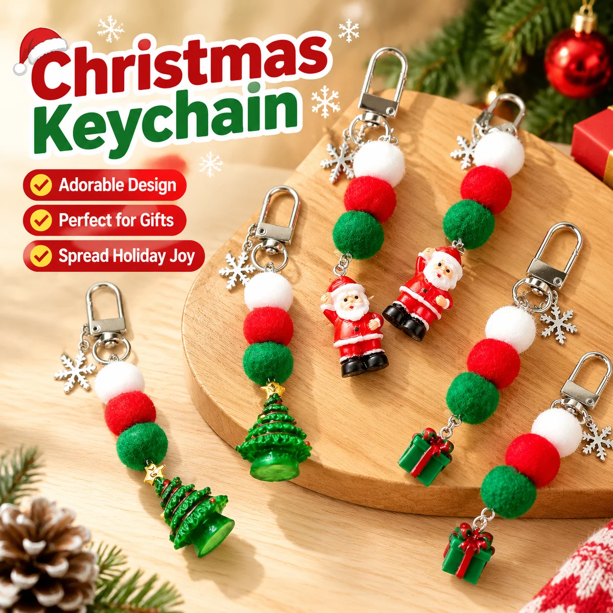 Christmas Snowflake Keychain Cute Santa Claus Mobile Phone Pendant Bag Hanging Decoration Creative Holiday Charm Chain