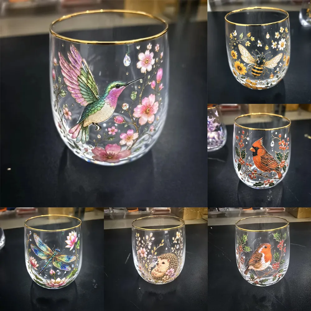 Hummingbird Floral Gold Trim Stemless Wine Glass Large Capacity Lead-free Drinking Glass For Mom Mother's Day Housewarming Gift