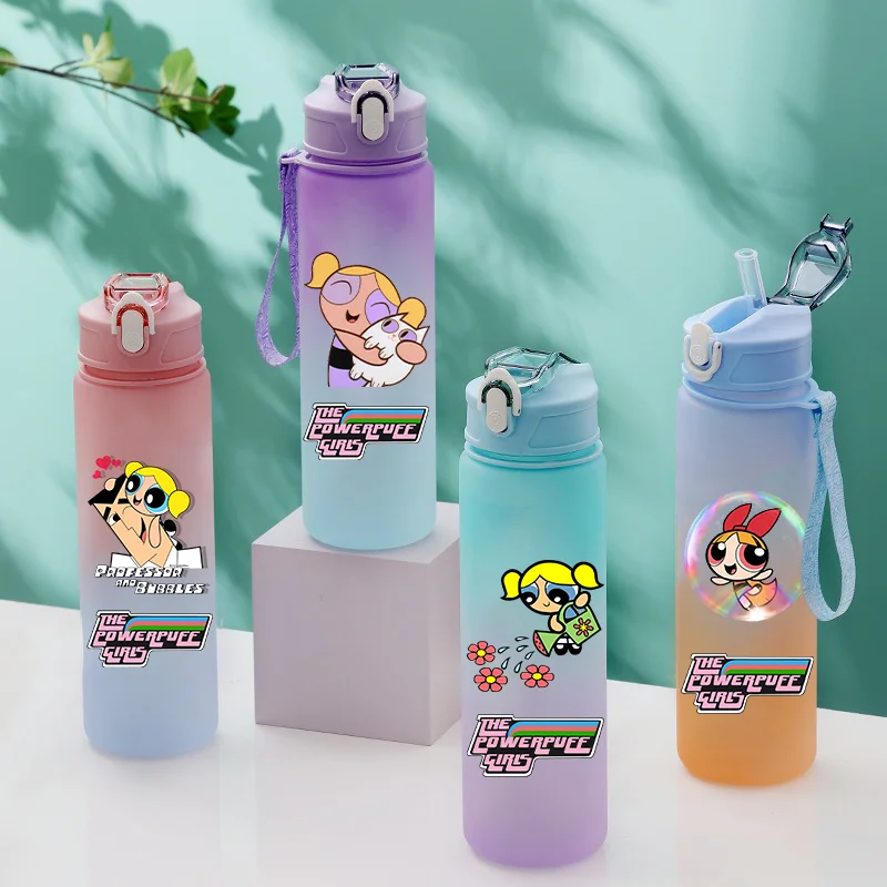 750ML The Powerpuff Girls Season Cartoon Plastic Water Cup Portable Gradient Water Bottle Outdoor Sports Leak Proof Water Bottle