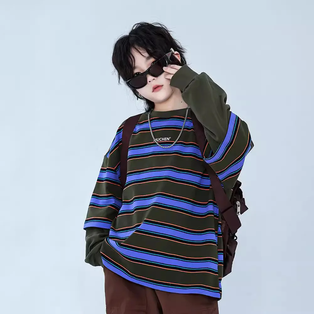 Top T-shirt Loose-fitting Long-sleeved Sweatshirt Round Neck Stripes Spring Autumn Boys Children New Fashionable