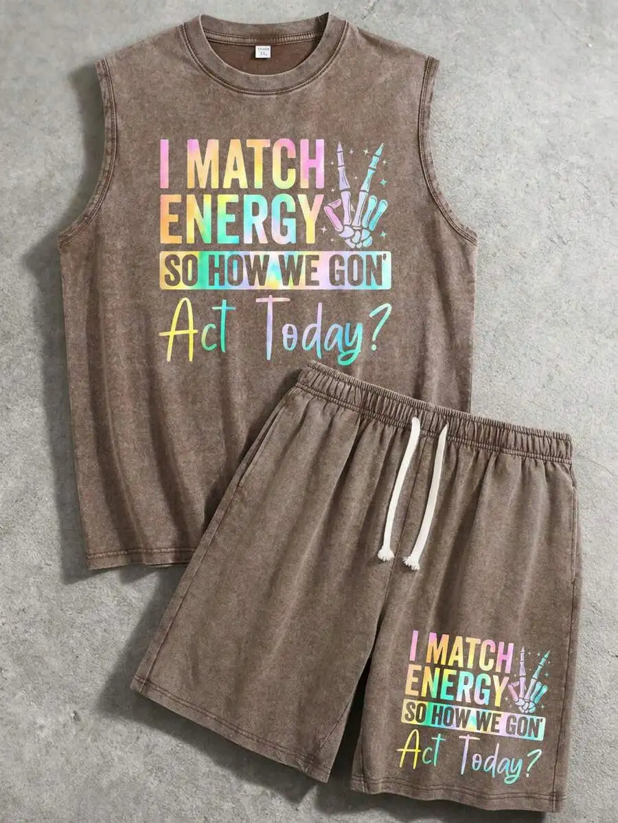 

Mens Retro Washed Sleeveless Vest And Shorts Set With Graphic Slogan Casual Sportswear