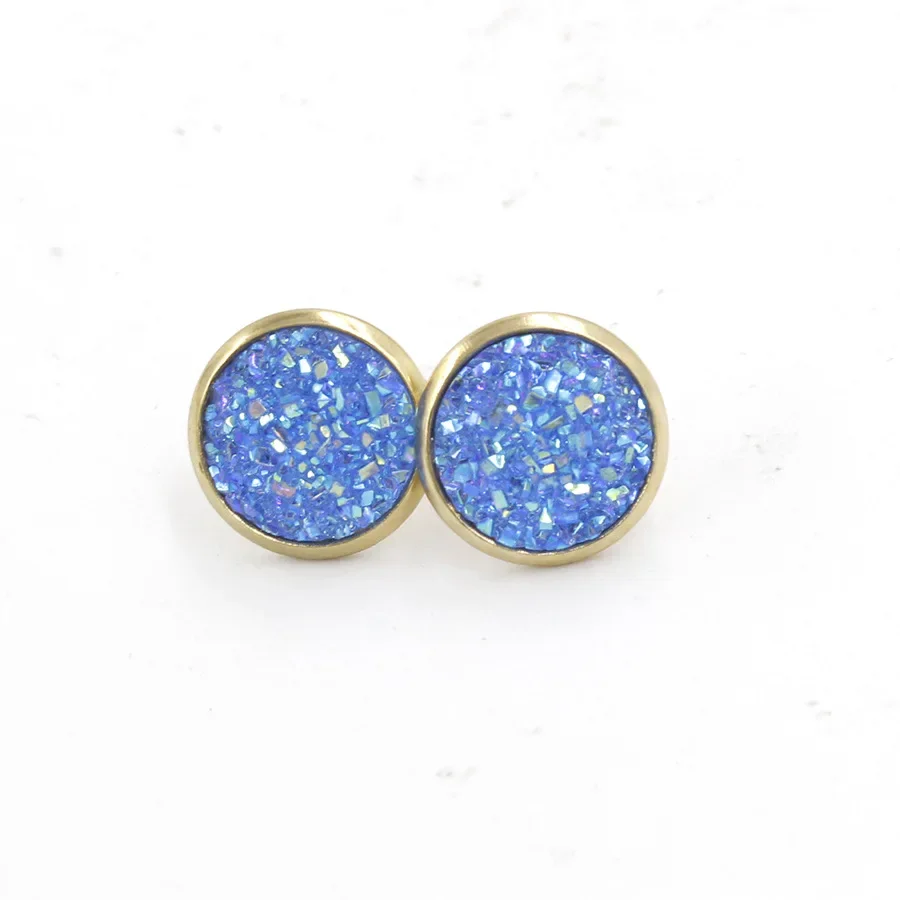 12MM Druzy Drusy Earrings Resin Cabochon Gold Color Stud for Women Men Girl Jewelry Gift