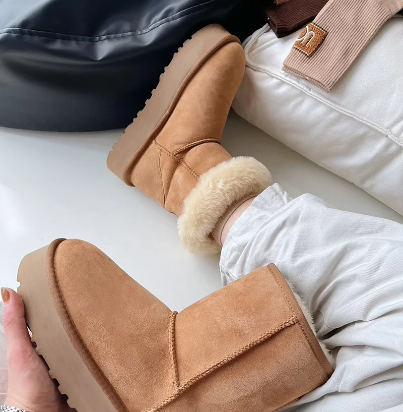 AOBREUGG 플랫폼 스노우 부츠, 가죽 리얼 울, 천연 모피, 겨울 면 신발, 4.5cm