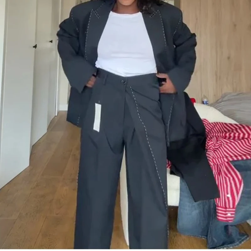 

Loose Casual Women's Blazer Pant Suits Lapel Doube-Breasted Top Straight Pants Lady Set 2025 Autumn Office 2 Pieces Set Women