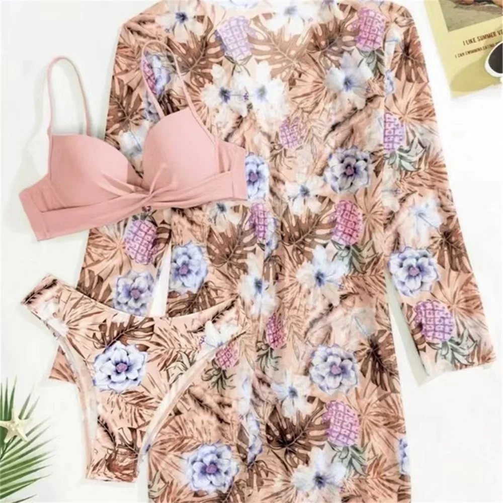 Bloemenprint Bikini Badpak Strand Cover-Up Vakantie Badmode Push Up Badpak Dames Trend 3-delige Outfit Biquinis Feminnino