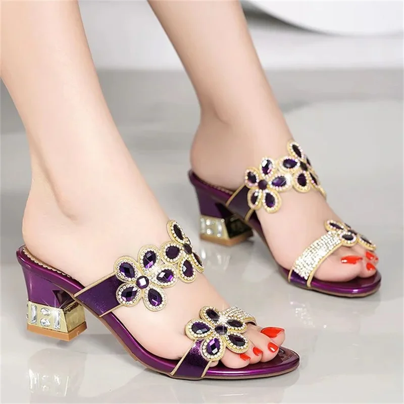 2024 New Summer Glitter Women Sandals  Fashion Outdoor Peep Toe Casual Beach Slippers Thick Heel Slip on Rhinestone Sandals