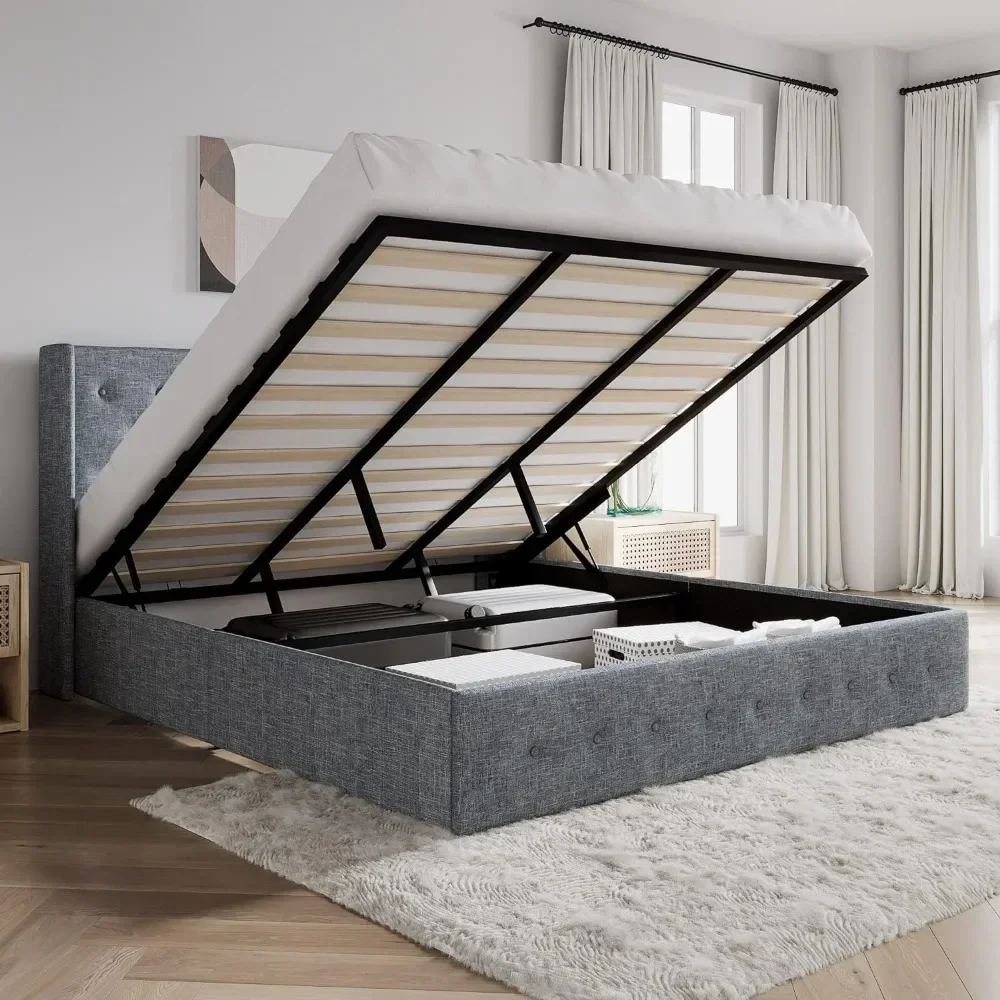 

A Lift Up Storage Bed/Modern Wingback Headboard/Upholstered Platform Bed Frame/Hydraulic Storage/No Box
