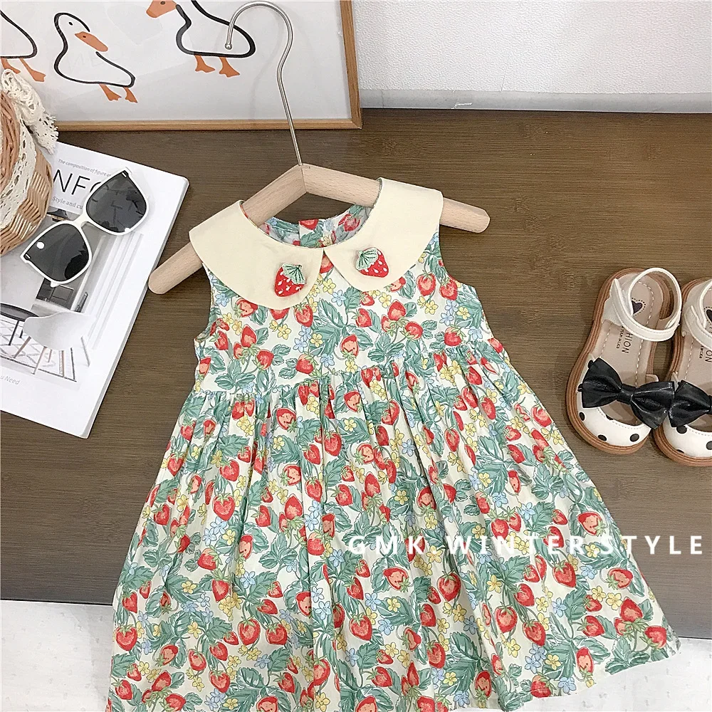 

Korean 2025 Summer Toddler Girl Dress Strawberry Print Baby Girl Sling Dress Peter Pan Collar Sleeveless Kid Girl Princess Dress