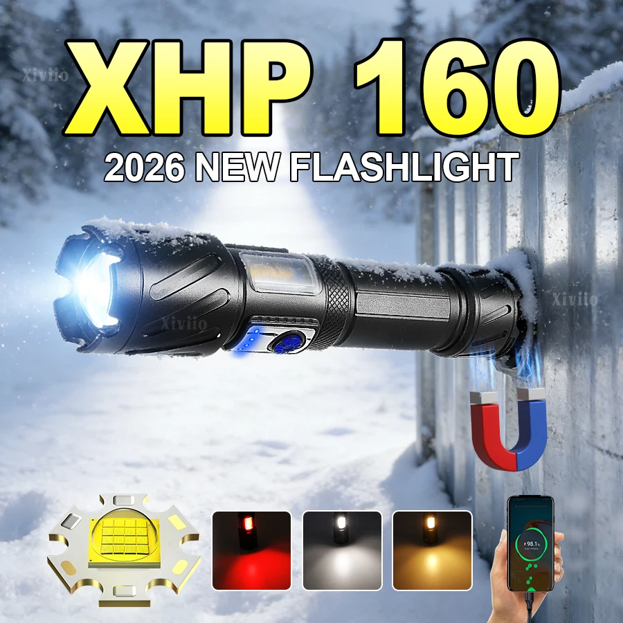 XHP160 Super Bright High Power LED Flashlight Rechargeable Lamp With Magnet Lantern Waterproof Torch For Outdoor Camping Work