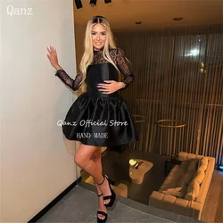 Qanz Short Party Gown Black Satin O Neck Long Sleeves Vestidos Para Graduación Above Knee A Line Prom Dresses Customized