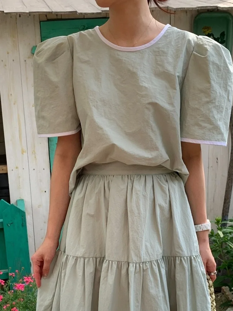 

Slimming High Waist f Skirt Set with Bubble Sves round Ne Top Women's Faion Summer Outfit Two Piece Ensemble