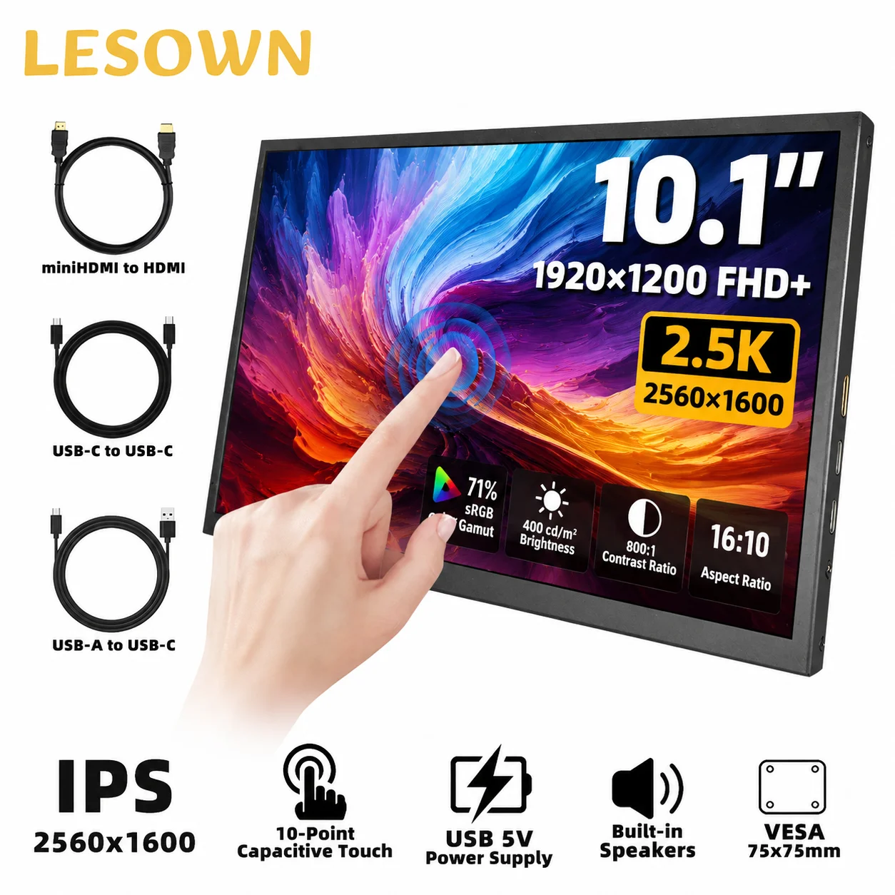 

LESOWN 10.1 Inch 1K Portable Touch Screen 2560x1600 IPS Panel VESA Mountable External Display for Laptop Workstation