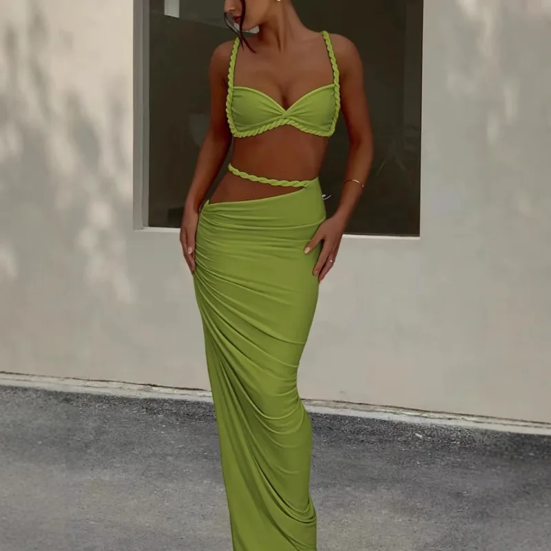 Beach Vacation Style Women's Sexy Swimsuit Backless Hanging Neck Suspender with Split Hips, Half Skirt Two-piece Set, New Style