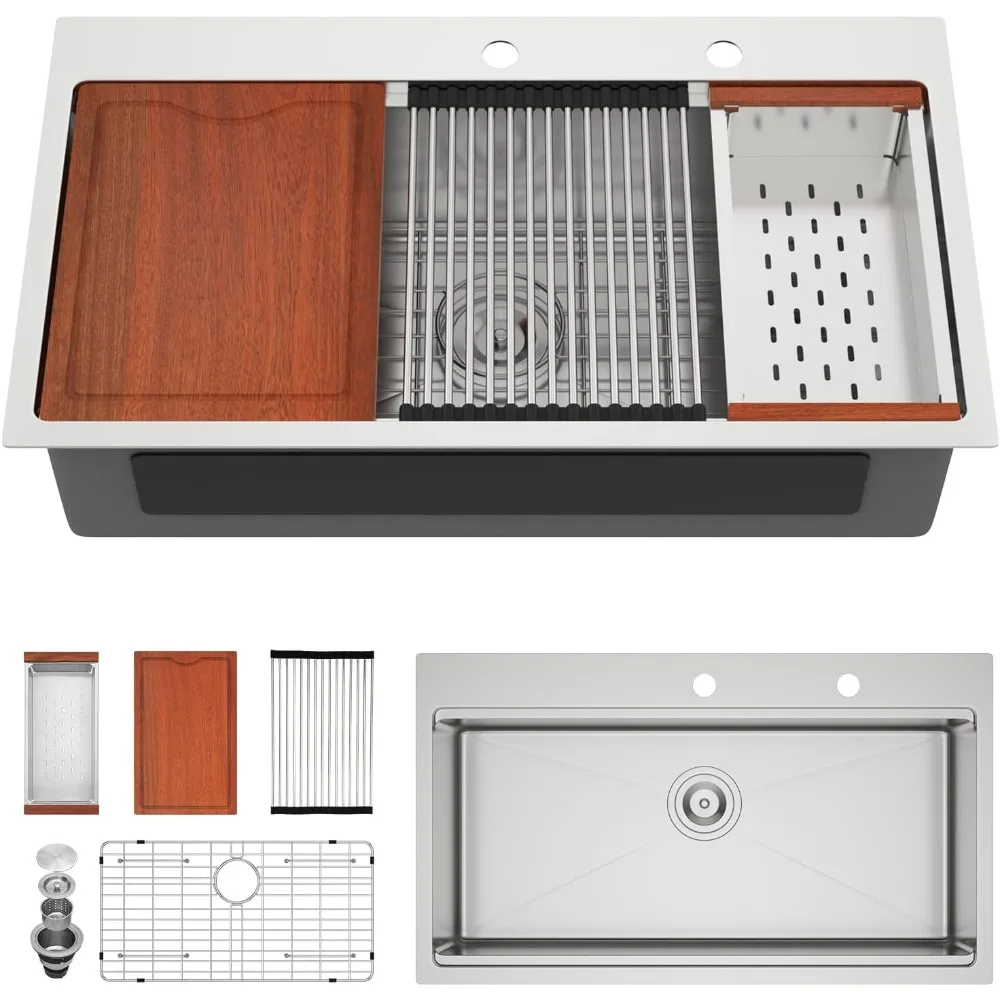 

33"x19" Drop In Kitchen Sink Workstation 304 Stainless Steel 16 Gauge Handmade Topmount Single Bowl Modern Deep Kitchen Sink