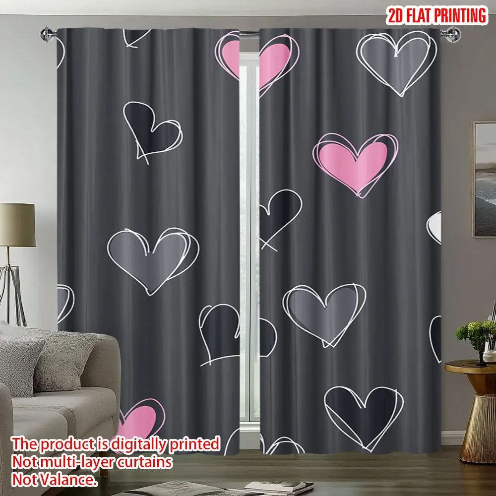 Cute Heart Curtains with Hand Drawn Graffiti Design, Romantic Love Window Drapes for Bedroom, Pink and White Heart Curtains