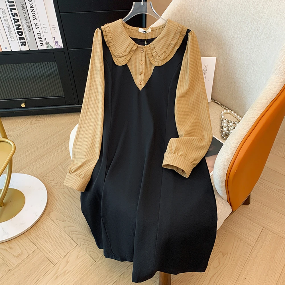 Spring and Fall plus size women's casual doll collar long-sleeved dress Fake two patchwork design shirt sleeves commuter dress