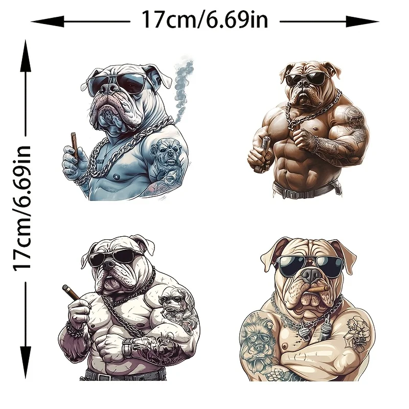 4Pcs/Set Cool Bulldog Vinyl Stickers Muscular Design with Glasses Tattoo Scratch Resistant Decals for Motorcycle Car Decor