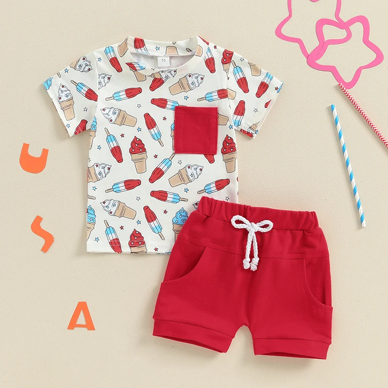 0-3Y Summer Casual Baby Boys Clothes Sets For Independence Days Popsicle Print Pocket Short Sleeve T-Shirt Shorts