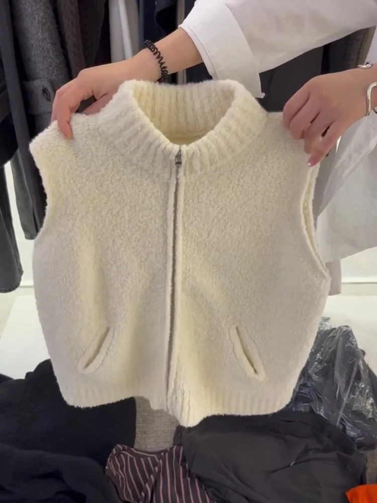 

Корейский повседневный вязаный жилет на молнии для женщин, осенне-зимний, новый, универсальный, теплый, свитер-пальто, модный, с воротником-стойкой